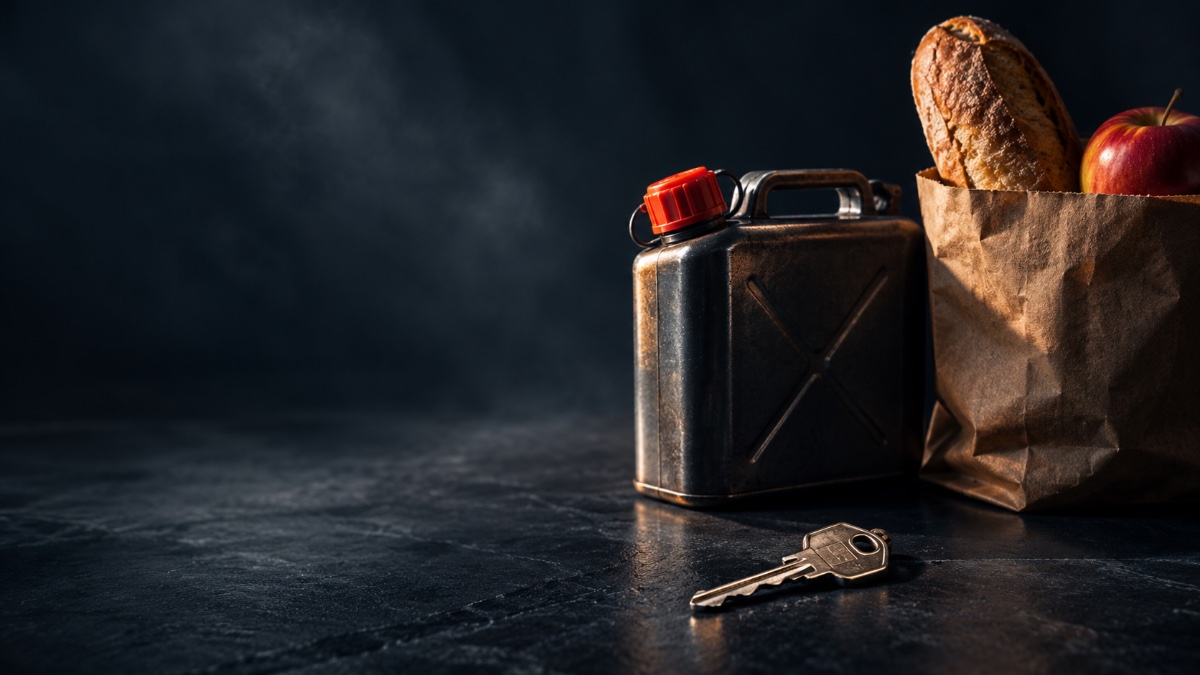 Ilustración: una boquilla de gasolina, una canasta de víveres y una llave de casa apiladas como escalones