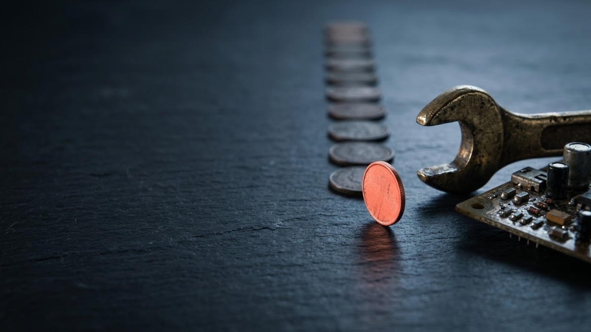 Illustration: a long staircase of tiny steps replaced by one coral slide straight from a gear to a jar of coins
