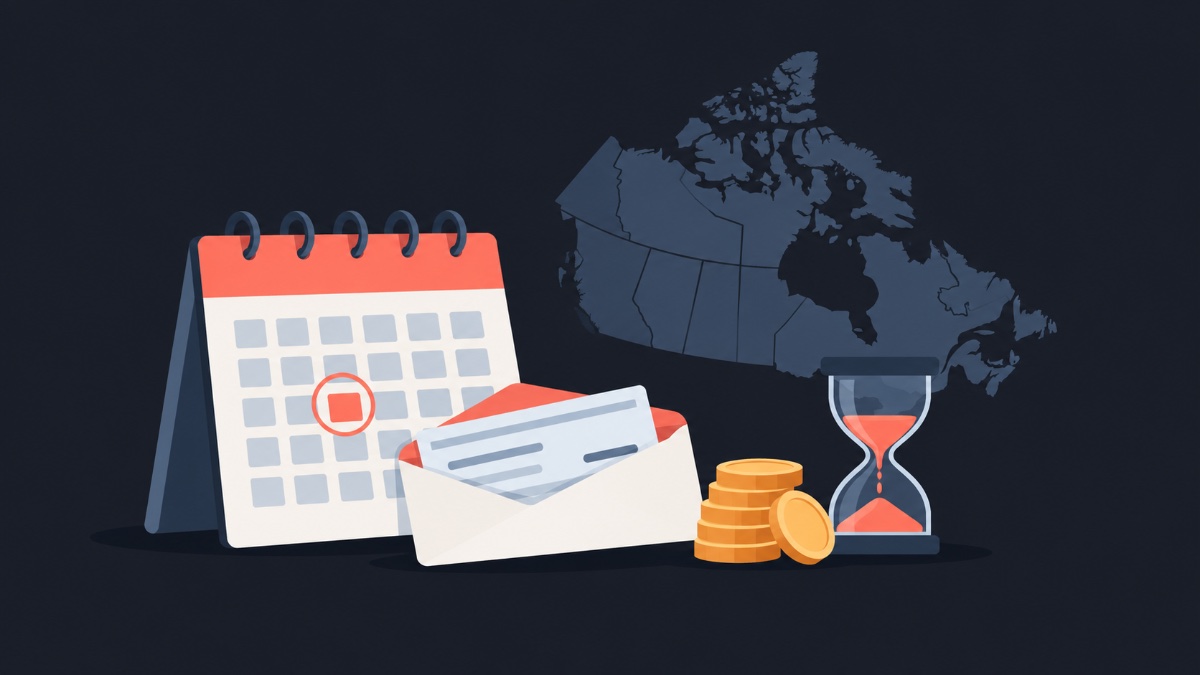 Illustration: a calendar and paycheque envelope with coins and an hourglass over an outline of Canada